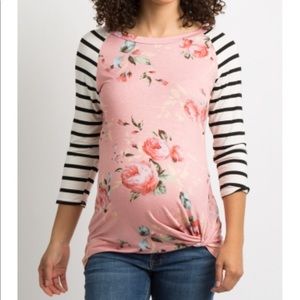 Maternity Peach Floral Striped Sleeve Knot Top
